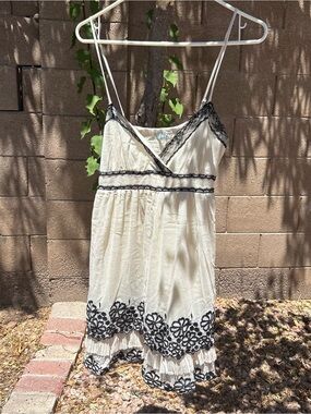 Cream Slip Dress with Black Floral Lace Trim